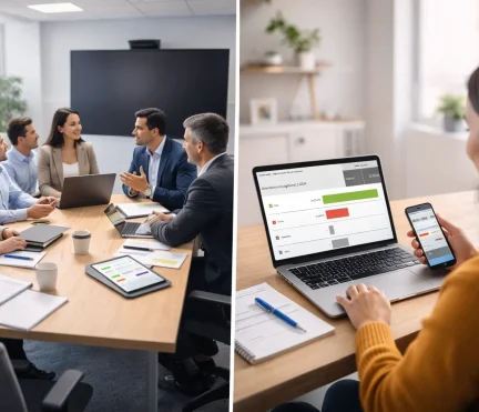 Réunion en présentiel et vote à distance sur ordinateur illustrant le vote synchrone vs vote asynchrone